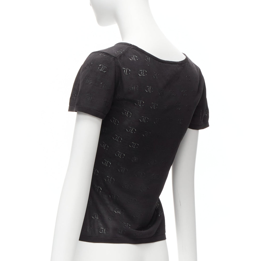 CHANEL 98P Vintage black CC logo monogram Pointelle silk knitted top FR38 M