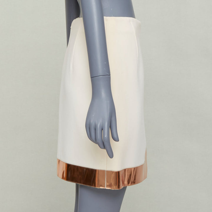 MUGLER cream virgin wool metallic copper PVC edge tulip skirt FR38 M