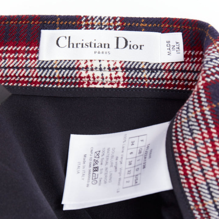 DIOR 2021 red navy virgin wool plaid silk lined A-line skirt FR34 XS