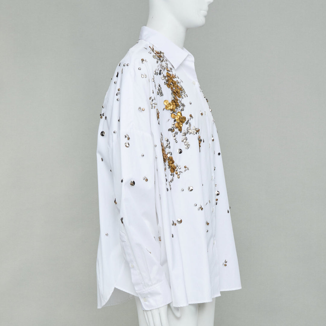DRIES VAN NOTEN 2024 Casia white gold sequin bead embellished cotton shirt M