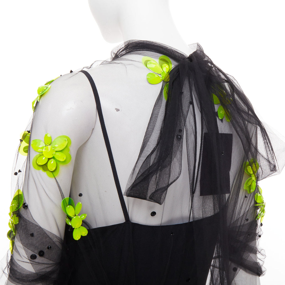 PRADA 2018 Runway neon yellow floral bead black gathered tulle dress IT40 S