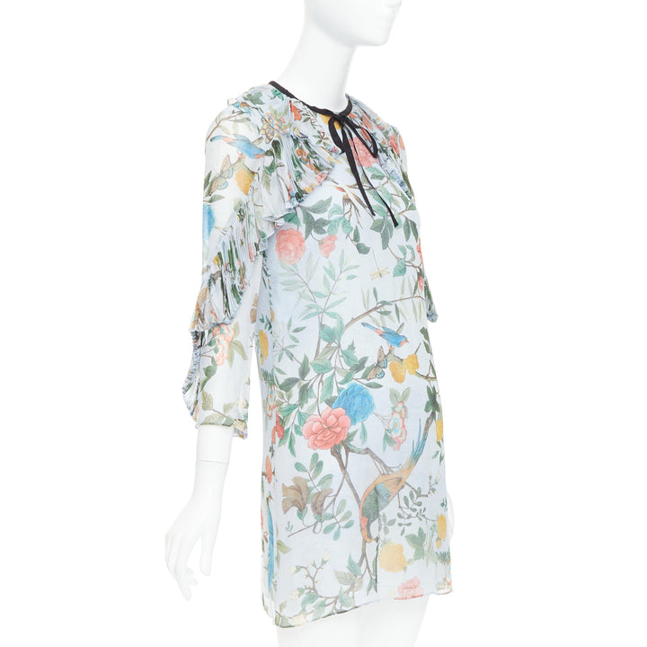 GUCCI 2015 Tian Bloom print 100% silk black ribbon trim dress IT36 XXS