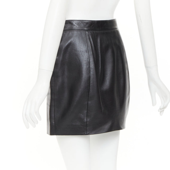 SAINT LAURENT 2018 black lambskin leather snap button mini skirt FR38 M