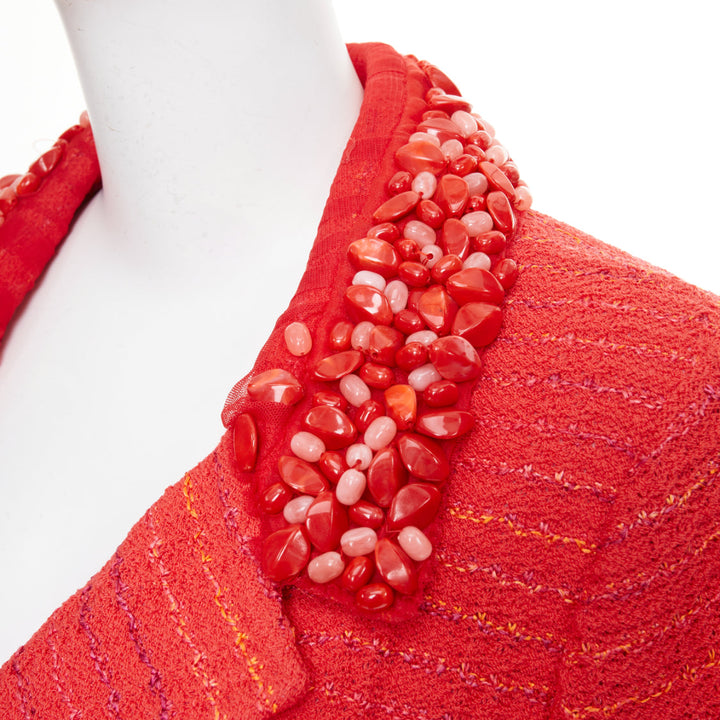 ST JOHN COUTURE red purple tweed stone embellished blazer US12 2XL