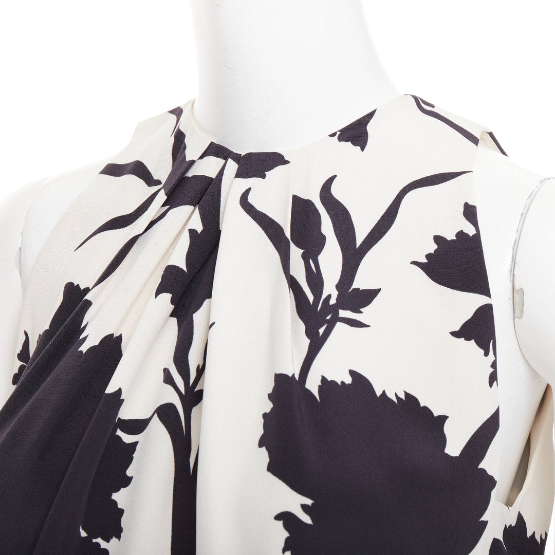 CHRISTIAN DIOR cream black 100% silk bold floral print ruched neck dress FR36 S