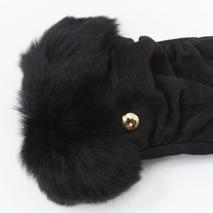 CAUSSE Gantier black soft suede leather chinchilla fur fingerless glove 6.5