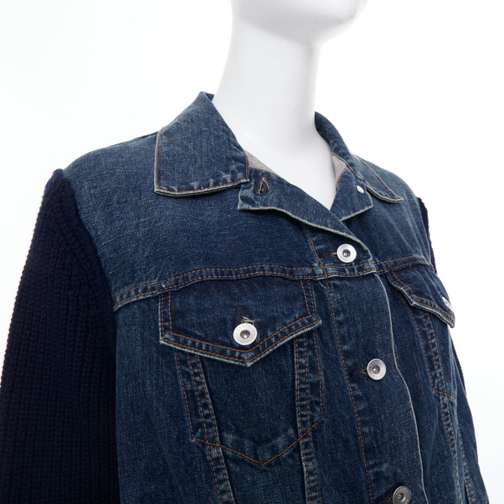 SACAI 2020 Denim Knit Hybrid asymmetric raw hem blue cotton jacket JP2 M