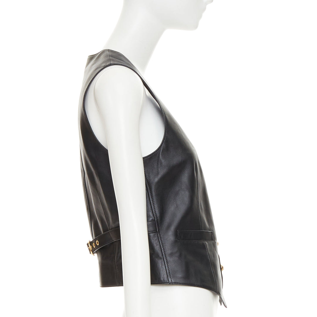 CELINE black lambskin leather gold Triomphe button waistcoat vest FR36 S