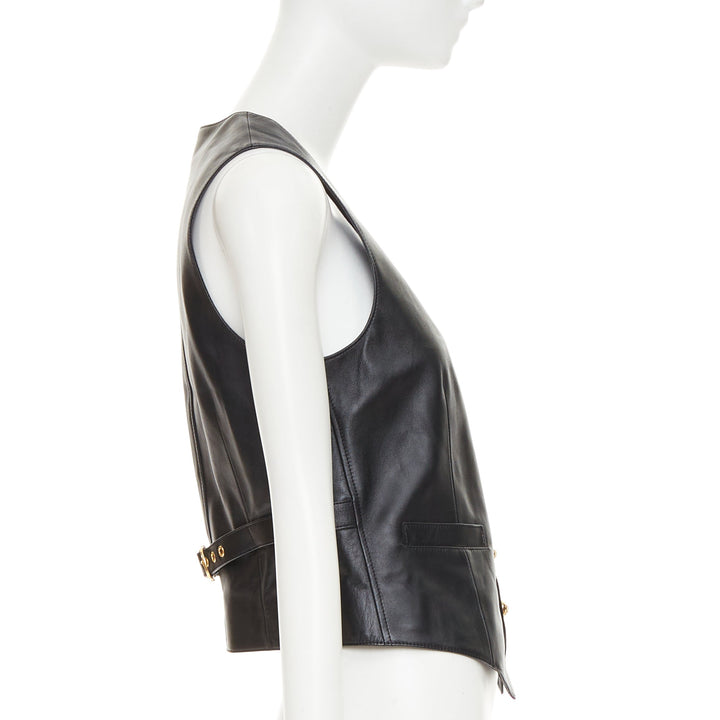 CELINE black lambskin leather gold Triomphe button waistcoat vest FR36 S