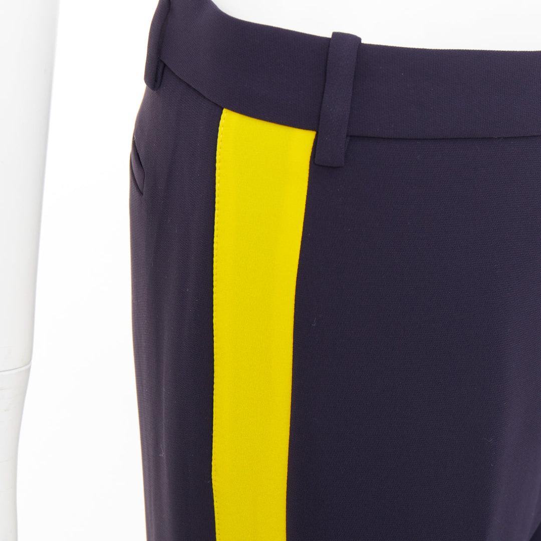 VVB VICTORIA BECKHAM navy yellow silk trimmed high waist wide trousers UK8 S