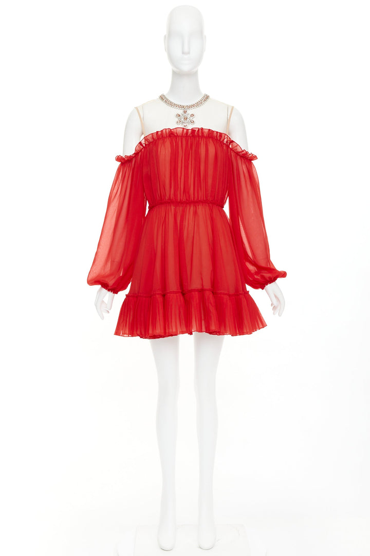 GIAMBATTISTA VALLI H&M 2019 Runway red chiffon crystal necklace dress IT40 XS