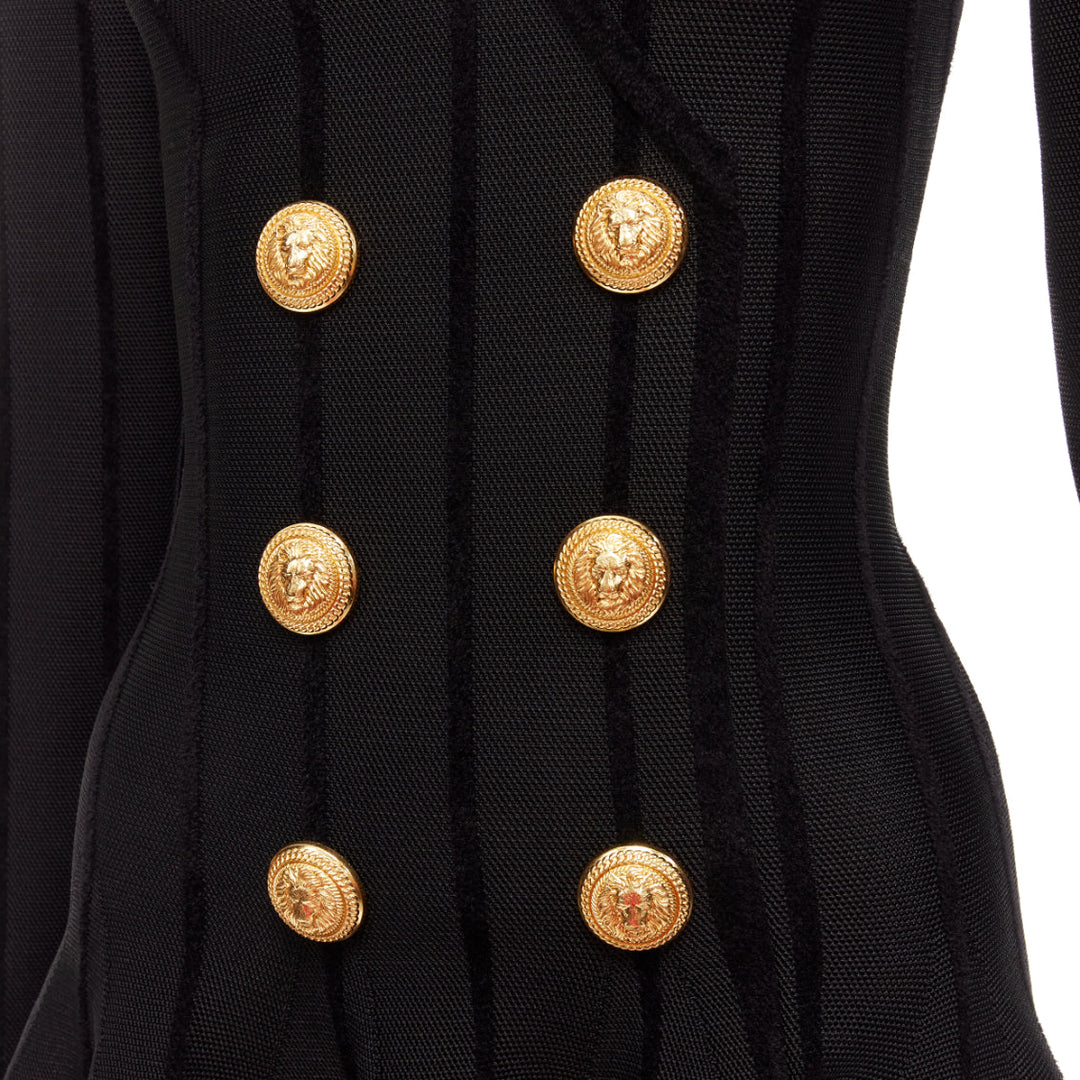 BALMAIN 2023 black striped chenille gold lion button mesh mini dress FR34 XS