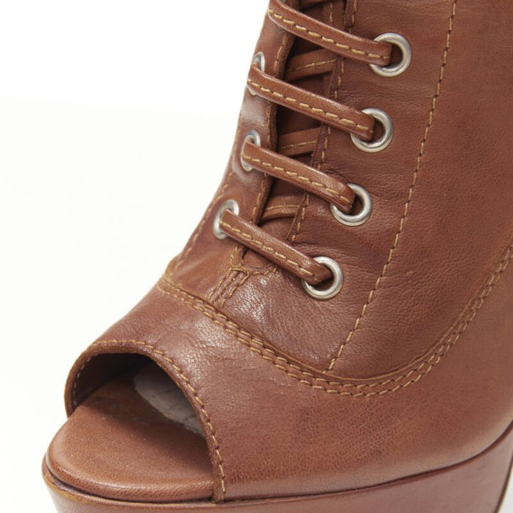 MIU MIU brown leather peep toe platform laced up high heel bootie EU37.5