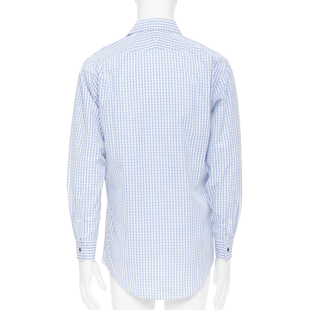 HERMES  blue white checked 100% cotton collared long sleeve shirt EU39 M