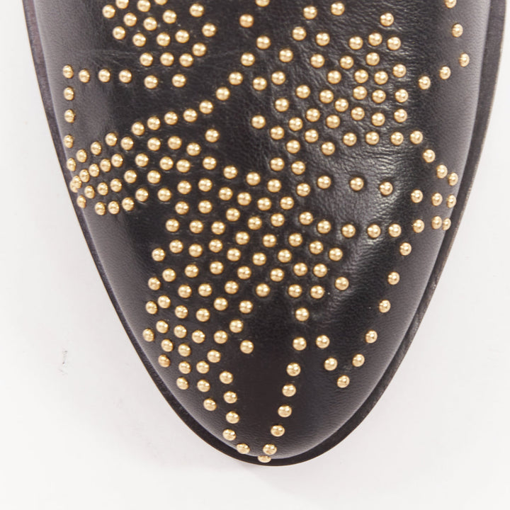 CHLOE Susanna black leather gold floral studded buckles grunge ankle boots EU36