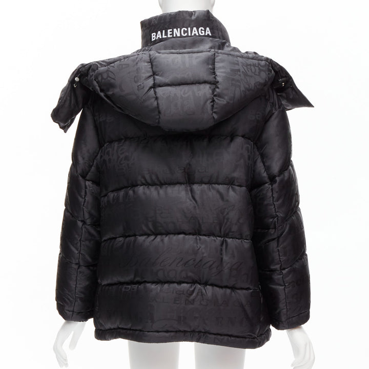 BALENCIAGA 2019 black logo jacquard Swing hooded quilted puffer coat FR36 S