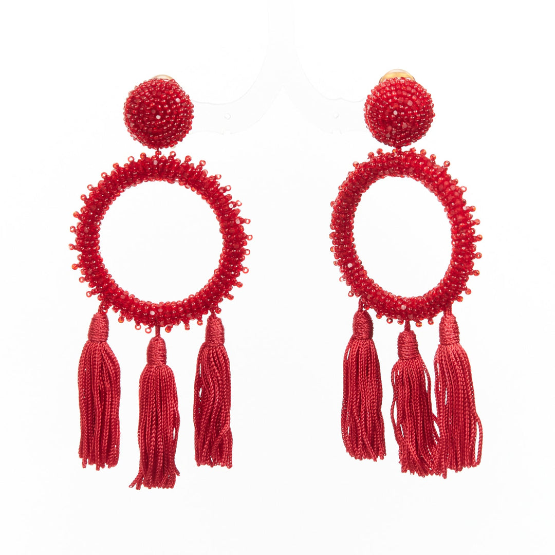 OSCAR DE LA RENTA red beaded tassel fringe circle hoop clip on earrings pair