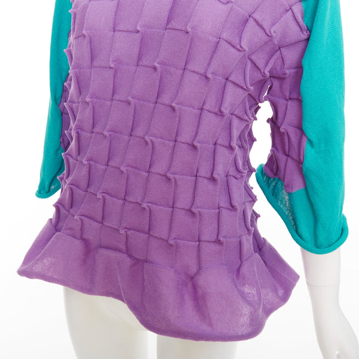ISSEY MIYAKE purple green cotton bateau weave pleated sweater JP2 M