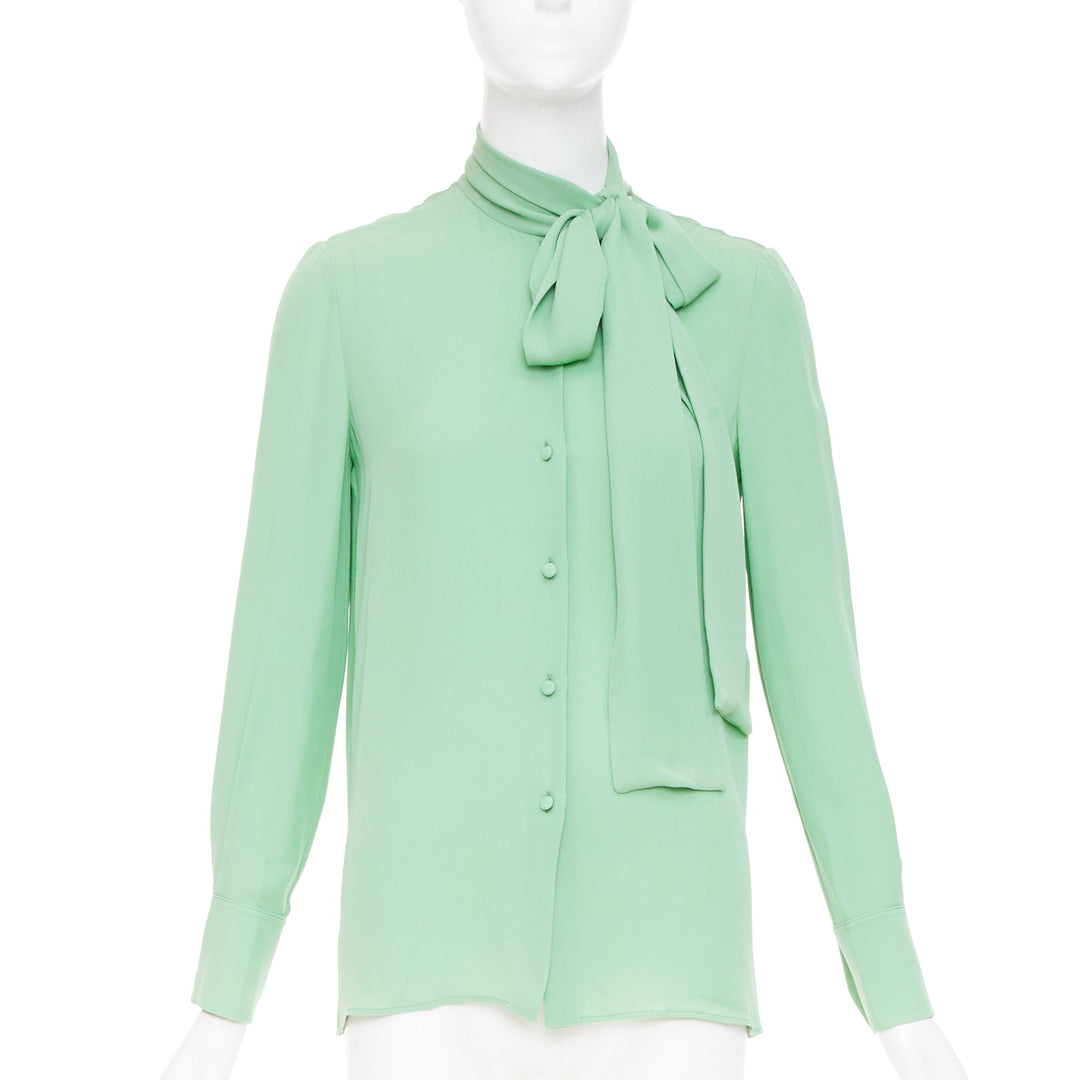 VALENTINO 2019 pastel mint green long sleeve silk crepe pussy bow blouse IT38 XS