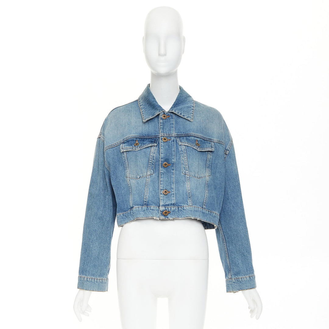 MIU MIU 2020 blue washed denim hand painted daisy floral cropped jacket IT36 XXS