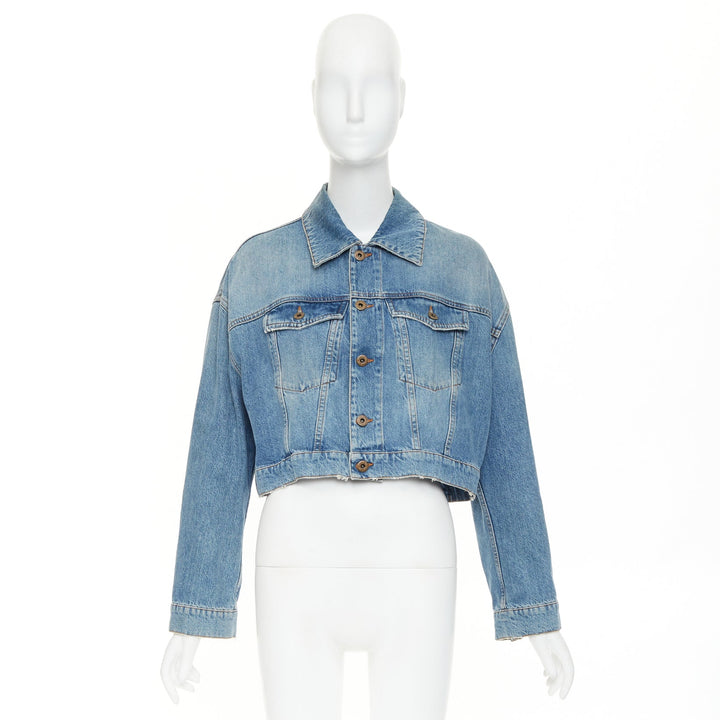MIU MIU 2020 blue washed denim hand painted daisy floral cropped jacket IT36 XXS