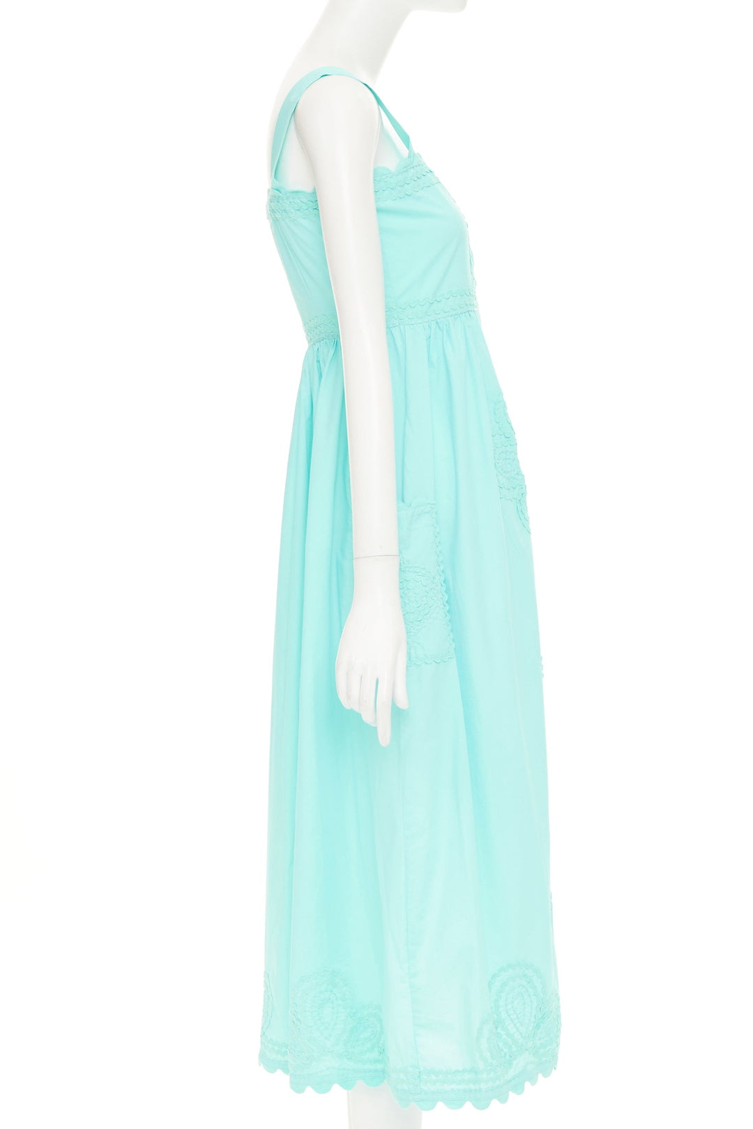 JULIET DUNN squiggle applique neon aqua cotton square neck sundress US1 XS