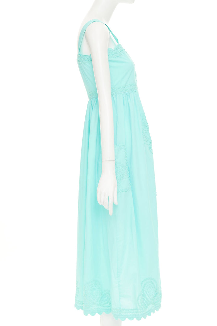JULIET DUNN squiggle applique neon aqua cotton square neck sundress US1 XS