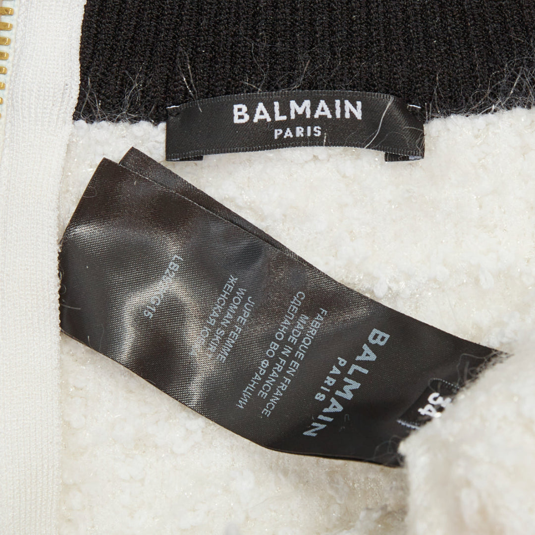 BALMAIN white knit tweed striped border lion head button mini skirt FR34 XXS