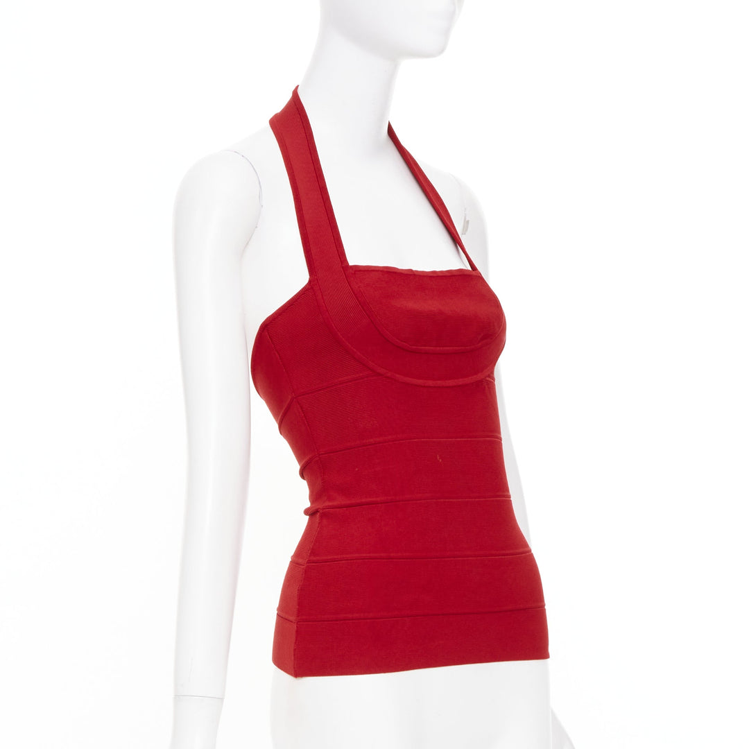 HERVE LEGER red halter neck structured bodycon bandage tank top XS
