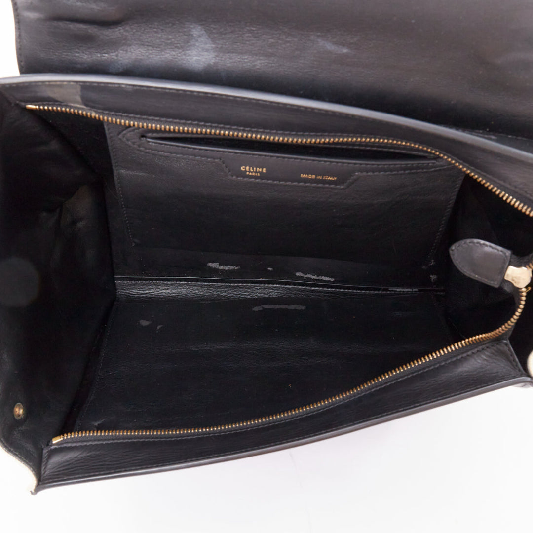 CELINE Trapeze black smooth leather cream canvas crossbody satchel bag