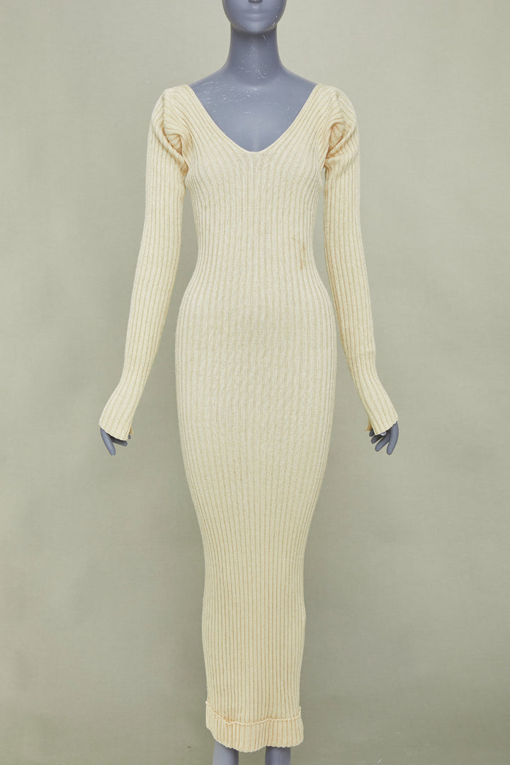 CELINE Phoebe Philo 2015 Runway cream beige ribbed knit off shoulder dress M
