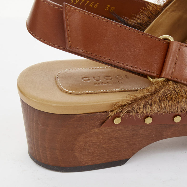 GUCCI 2015 brown calf hair horsebit studded slingback wood clogs EU38