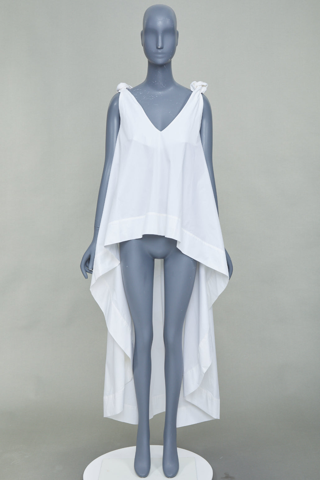 NATASHA ZINKO white cotton knot strap v neck oversized flare hi low top FR34 XS