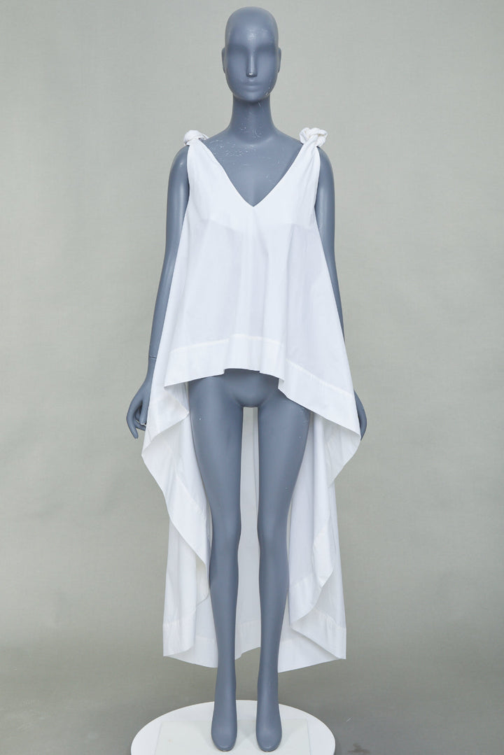 NATASHA ZINKO white cotton knot strap v neck oversized flare hi low top FR34 XS