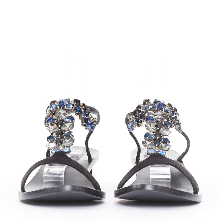 SALVATORE FERRAGAMO blue crystal black suede low block heel tstrap sandals UK6.5