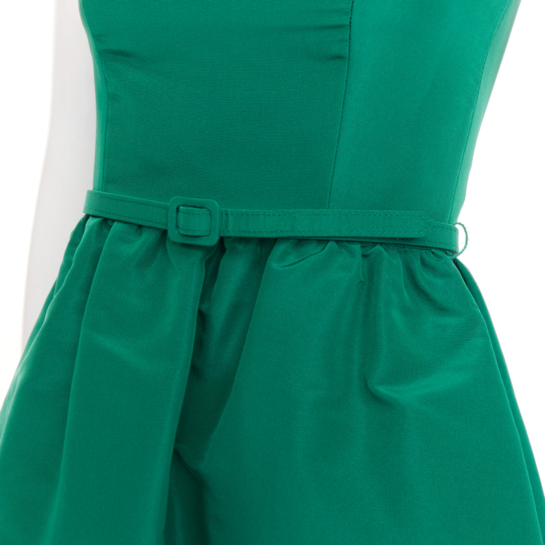 OSCAR DE LA RENTA 2017 green silk faille square neck belted flare dress IT40 S