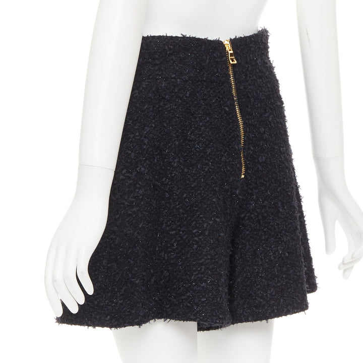BALMAIN black speckle metallic tweed gold B buttons high rise shorts FR38 M