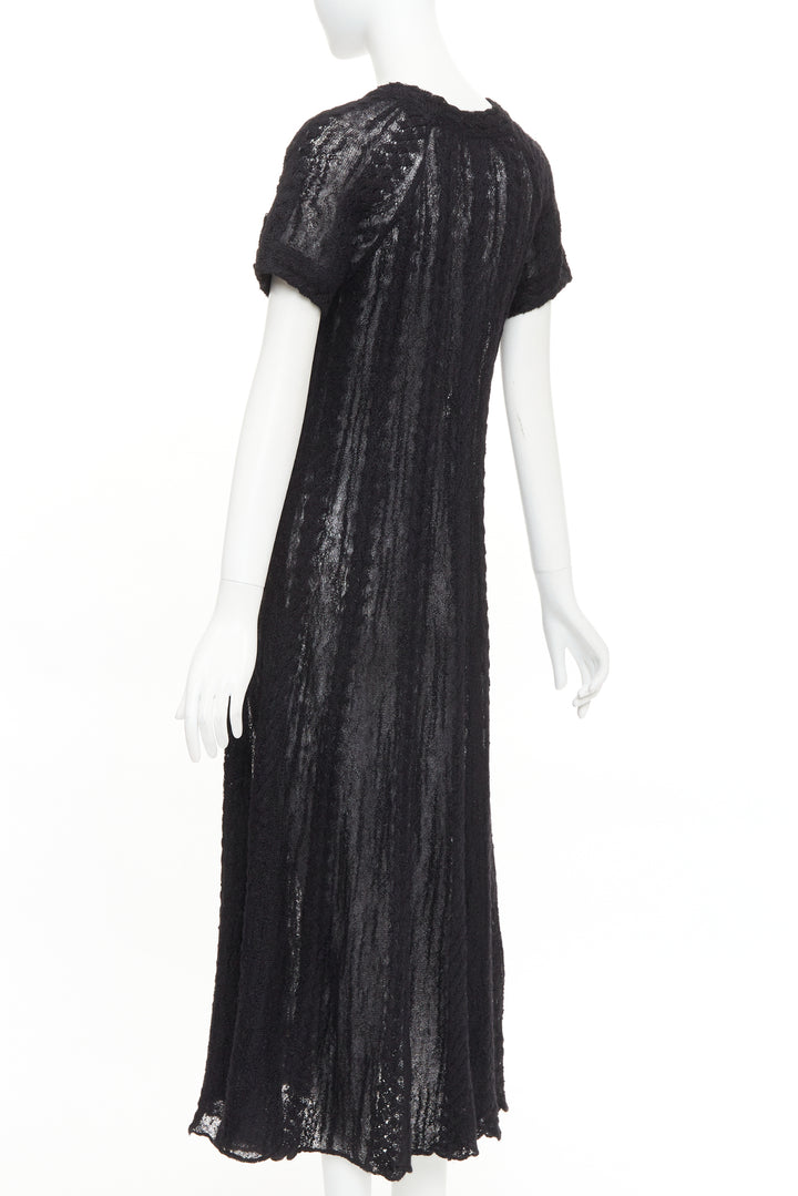 CHANEL black alpaca blend open knit crochet pointelle sleeve midi dress FR40 L