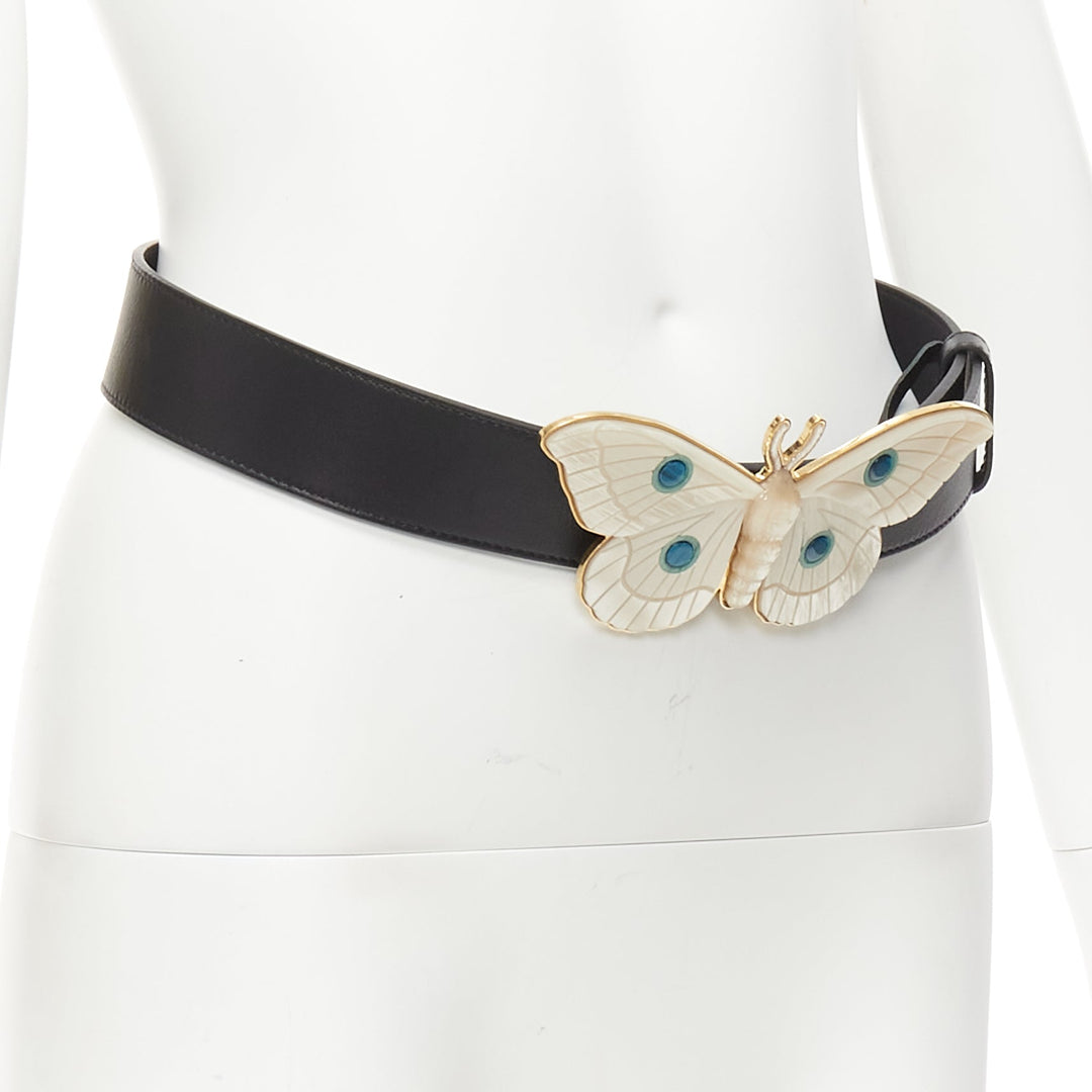 GUCCI Alessandro Michele cream mother of pearl butterfly black leather belt 75cm