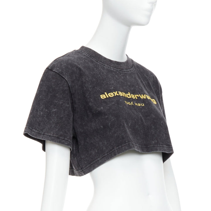 ALEXANDER WANG gold embroidered logo grey acid washed crop tshirt XS