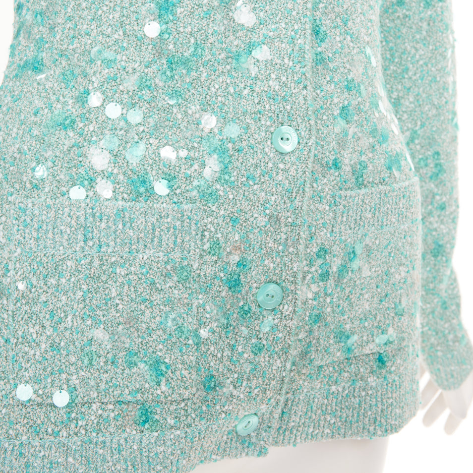 GUCCI 2024 Tweed Blend Polo acid turquoise sequin knit cardigan S