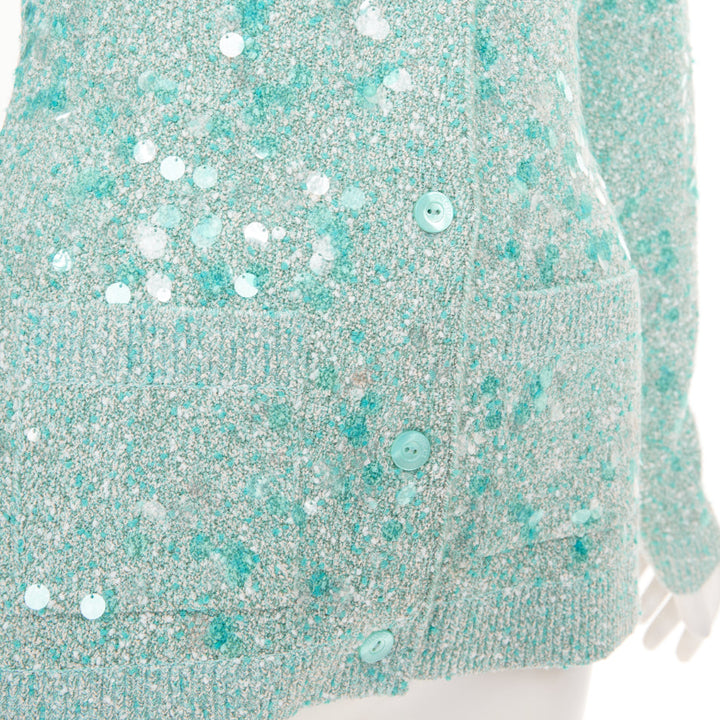 GUCCI 2024 Tweed Blend Polo acid turquoise sequin knit cardigan S
