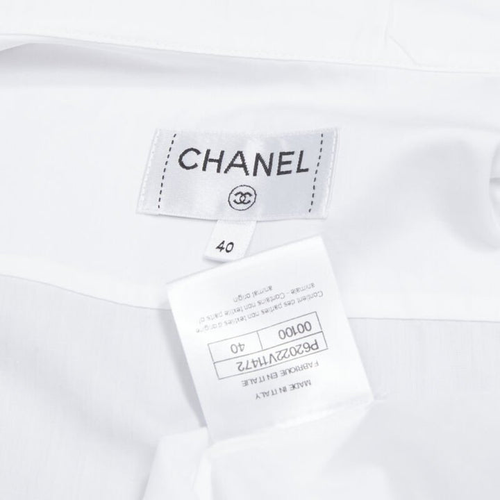 CHANEL white cotton gold pearl CC button double pocket boxy cropped shirt FR40 M