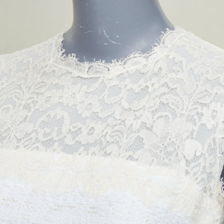 VALENTINO 2018 Bridal white sheer lace yoke tweed mixed mini dress IT40 S