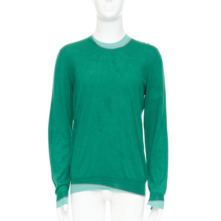 HERMES cashmere silk blend green blue border trompe loeil crewneck sweater