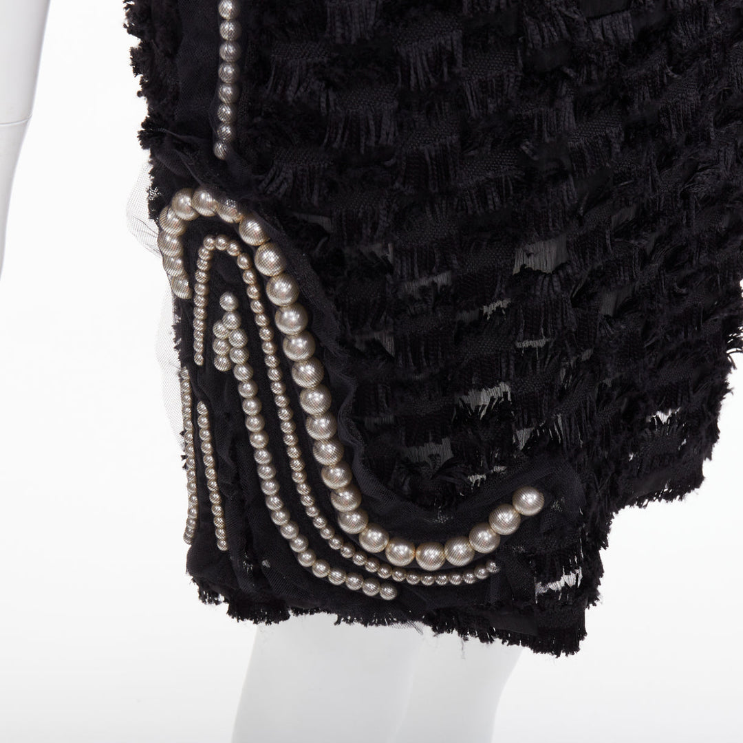 LANVIN 2015 black pearl mesh embellished eyelash fringe silk lined dress FR36 S