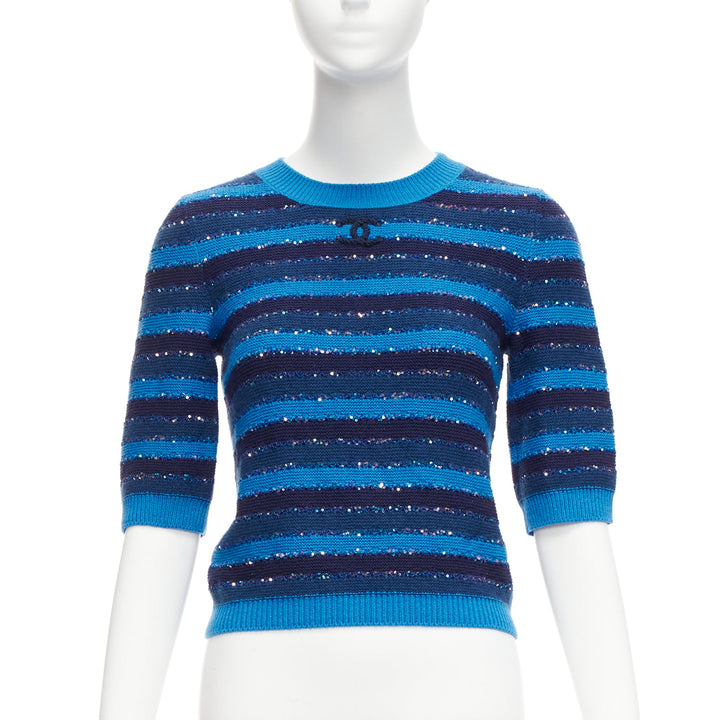 CHANEL 20C blue sequins cashmere blend CC logo striped crop sweater FR36 XS