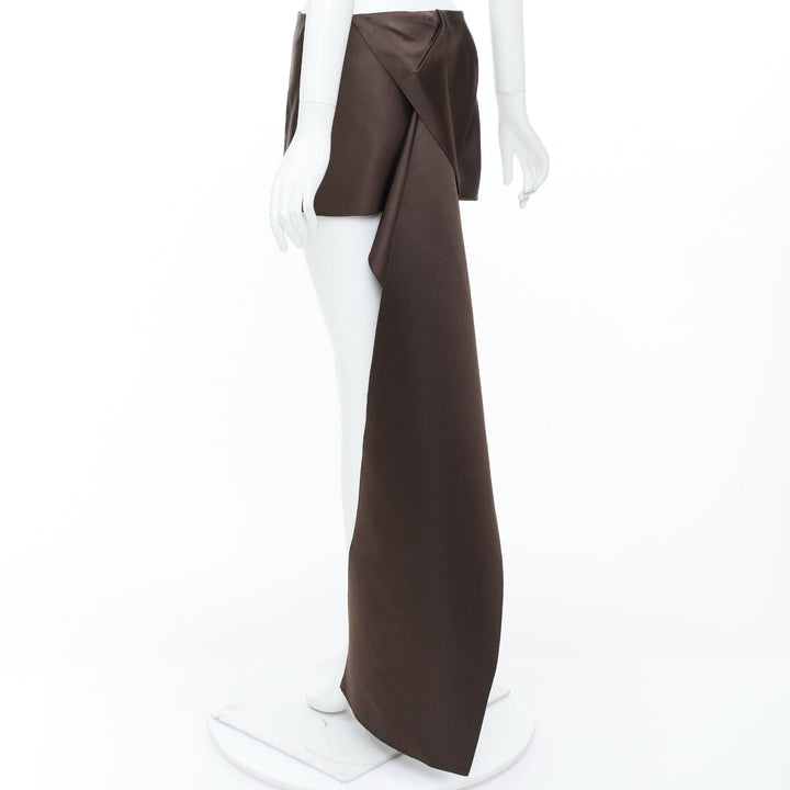 PRADA 2022 Runway brown silk satin origami trail train mini skirt IT40 S