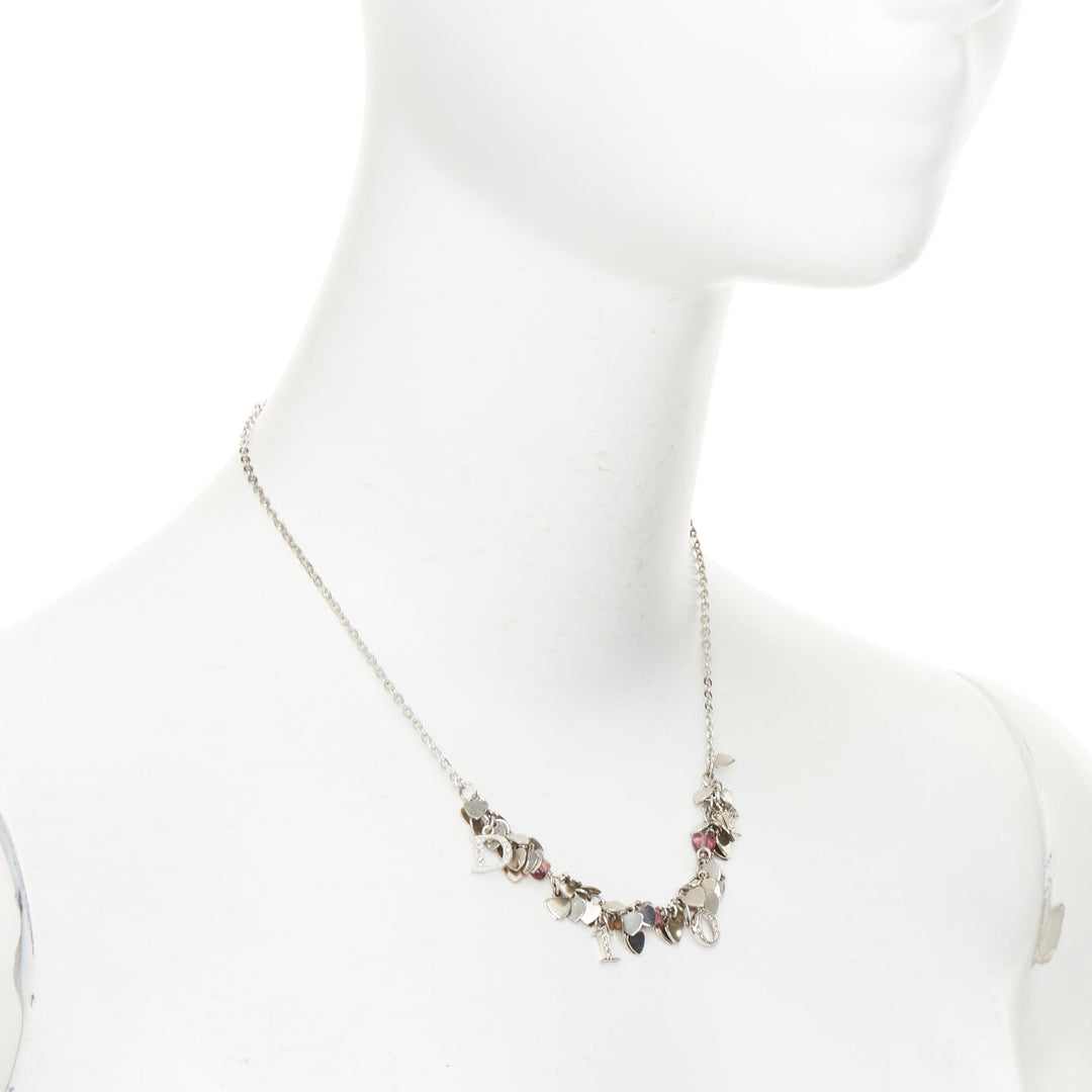 CHRISTIAN DIOR Vintage silver crystal heart logo letter charm choker necklace
