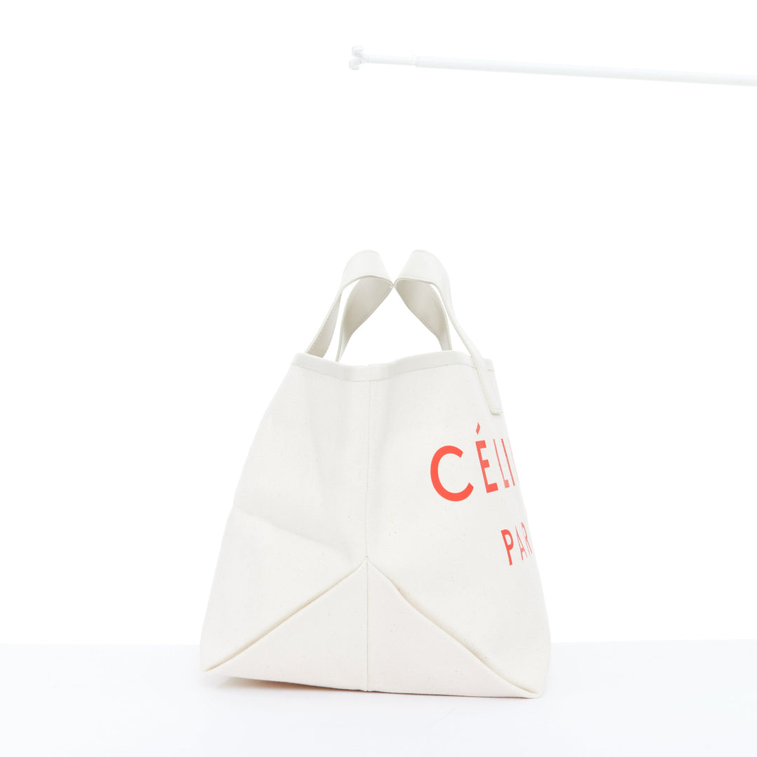CELINE 2018 Made In white canvas cream leather trim small red logo open tote bag